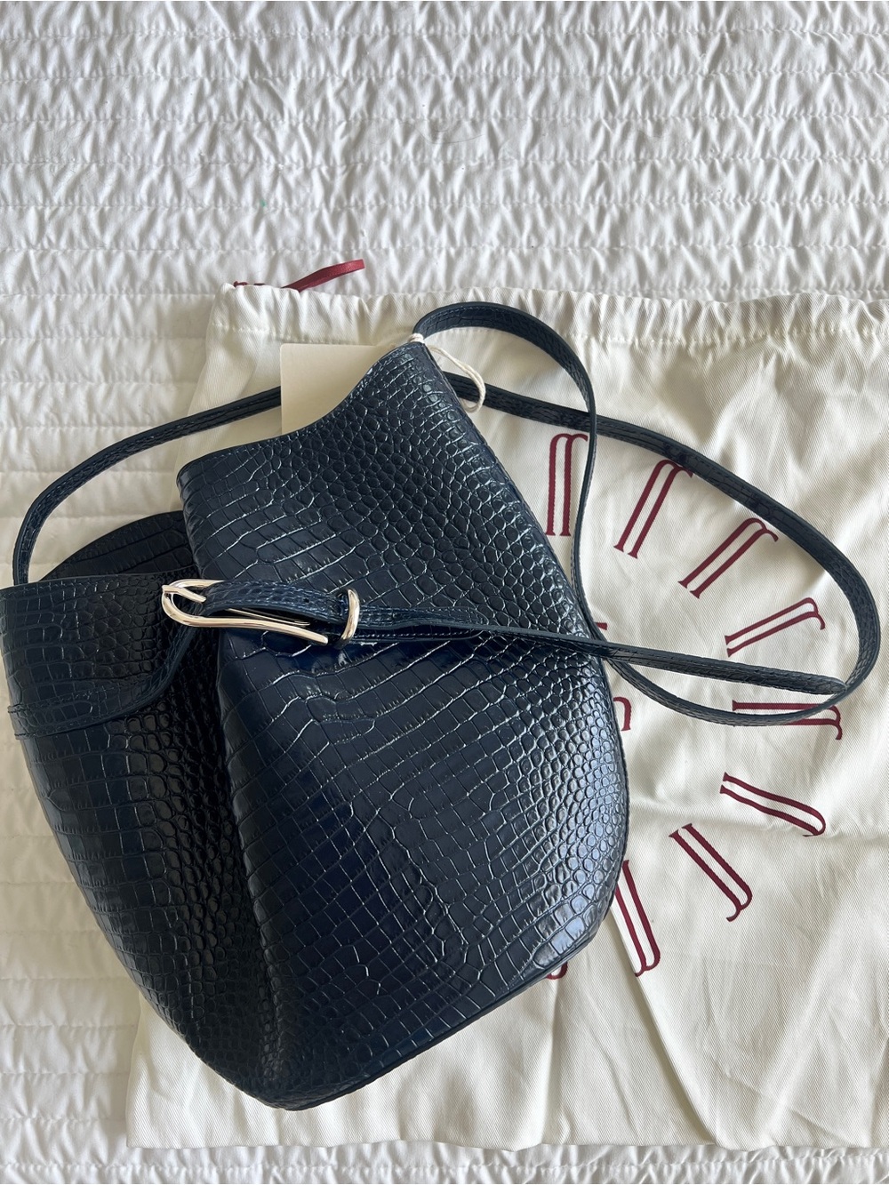 Liffner Navy Croc-Embossed Belted Bucket Bag with Silver Buckle NWT